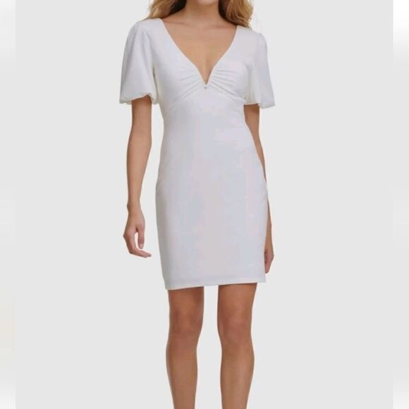 NWT GUESS V-Neck Ponté-Knit Sheath Dress White 12 - Picture 1 of 6